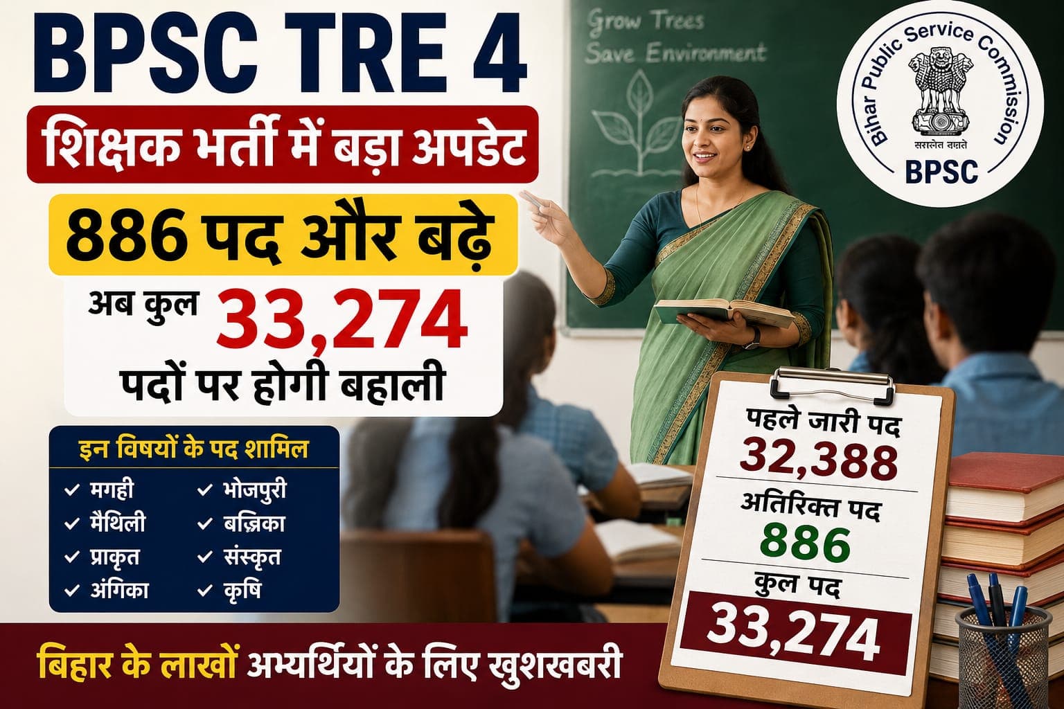 BPSC TRE 4: बिहार शिक्षक भर्ती में 886 पद और बढ़ेंगे, अब 33,274 पदों पर होगी बहाली