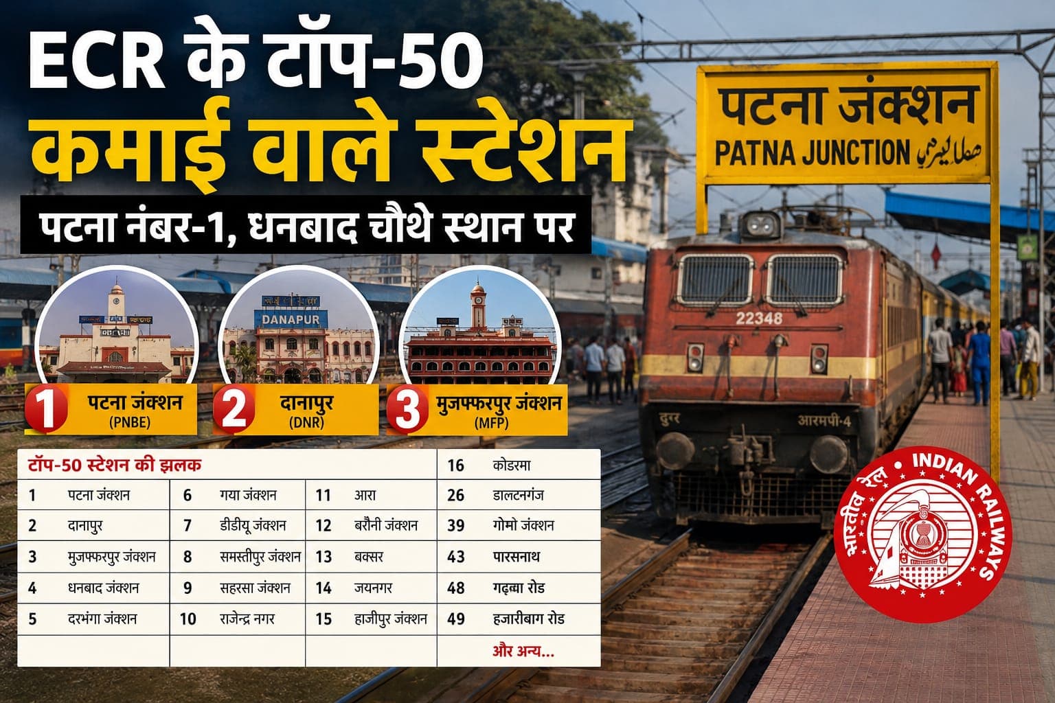 Train News : रेलवे की कमाई में बिहार का दबदबा! पटना नंबर-1 तो धनबाद ने भी मारी टॉप-5 में एंट्री, देखें टॉप-50 स्टेशनों की पूरी लिस्ट