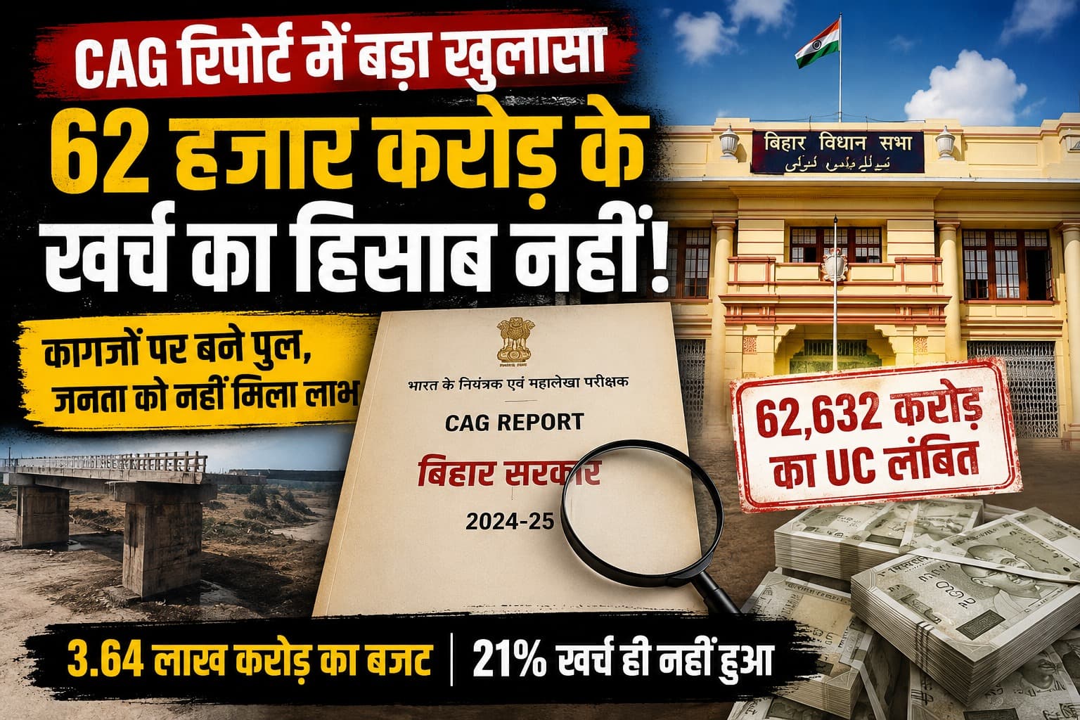 Bihar CAG Report : 62 हजार करोड़ का हिसाब नहीं, कागजों पर बने पुल! CAG रिपोर्ट ने बिहार सरकार के खर्च की खोली परतें