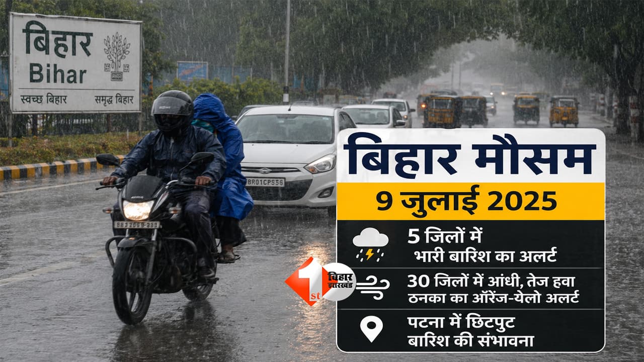 Bihar Weather Today: बिहार में 9 जुलाई को मॉनसून एक्टिव, 5 जिलों में भारी बारिश का अलर्ट, 30 जिलों में आंधी-ठनका की चेतावनी