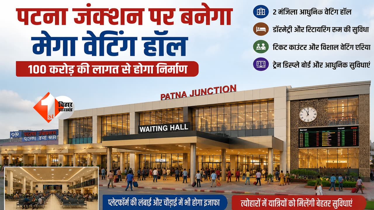 Bihar News : पटना जंक्शन पर अब मिलेगा एयरपोर्ट जैसा अनुभव! 100 करोड़ की लागत से बनेगा मेगा वेटिंग हॉल, यात्रियों को मिलेंगी हाईटेक सुविधाएं